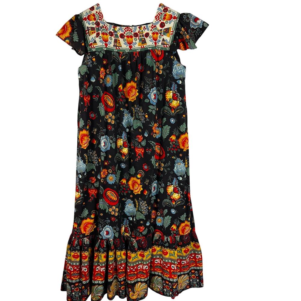Peggy Lou 1970’s Vintage Black Floral Printed Midi Dress Women’s SZ 6 (US) Boho
